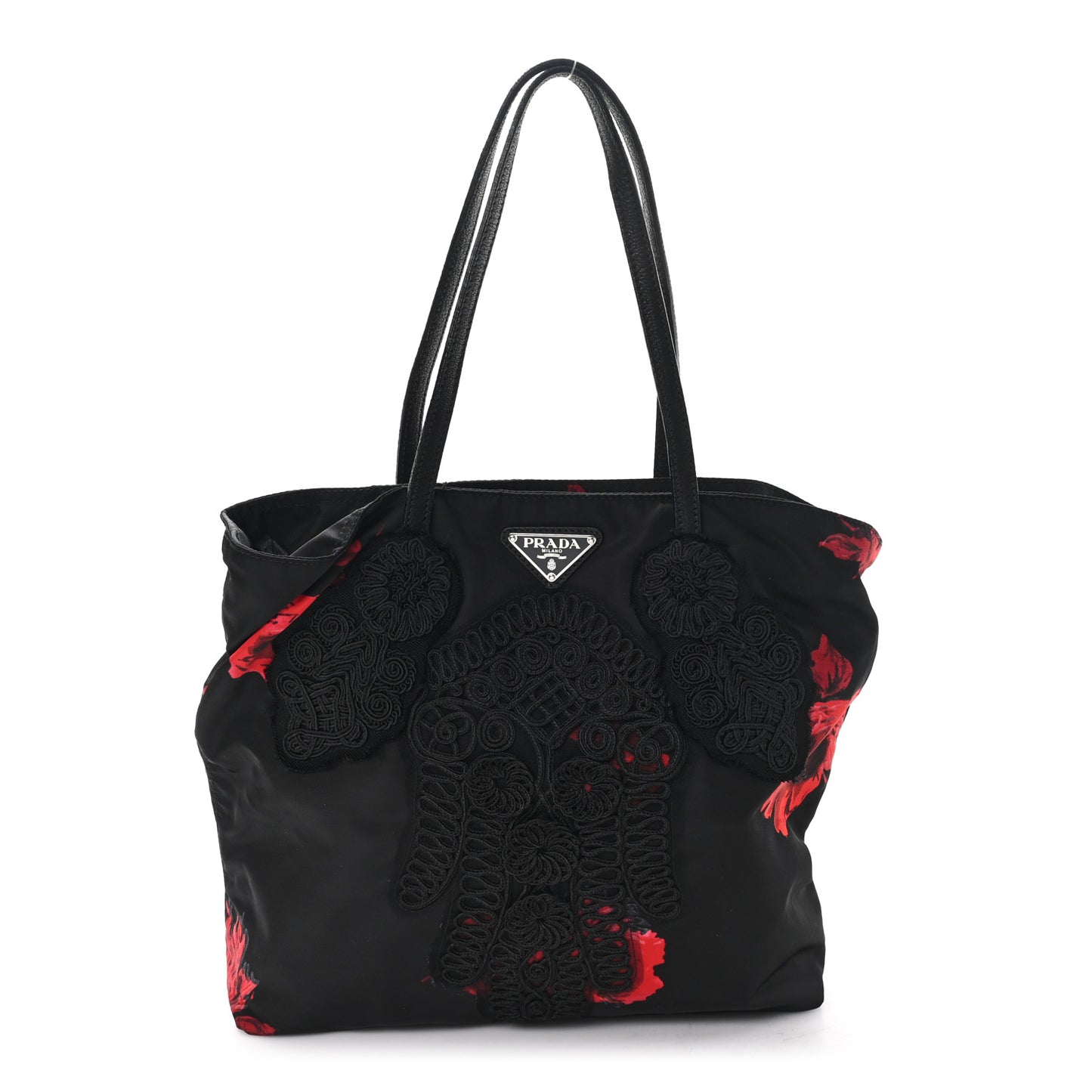 Tessuto Nylon Passama Embroidered Rose Print Tote Black