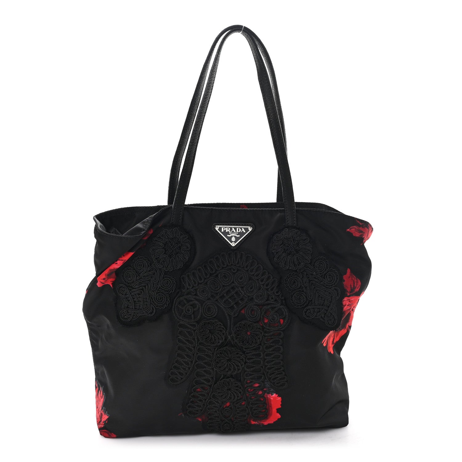 Prada Tessuto Nylon Passama Embroidered Rose Print Tote Black 1 of 10