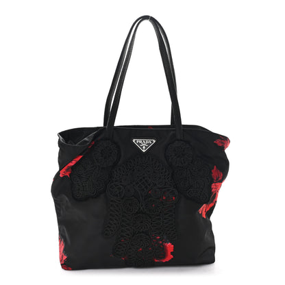 Prada Tessuto Nylon Passama Embroidered Rose Print Tote Black 1 of 10