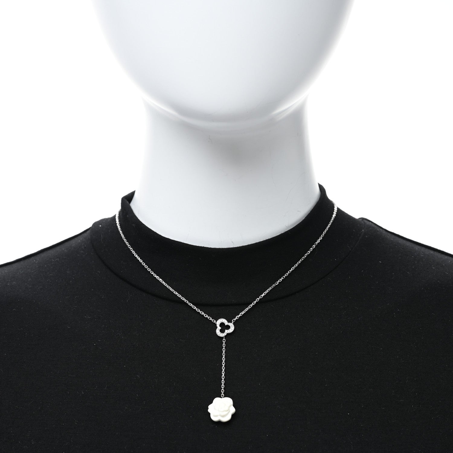 Chanel 18K White Gold Diamond Agate Camelia Sculpte Pendant Necklace 2 of 4