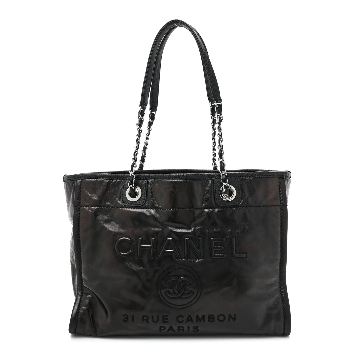 Glazed Calfskin Small Deauville Tote Black