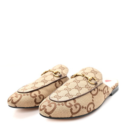 Gucci Monogram Jumbo GG Malaga Kid Womens Princetown Slippers 38.5 Camel Ebony New Acero Beige 4 of 10