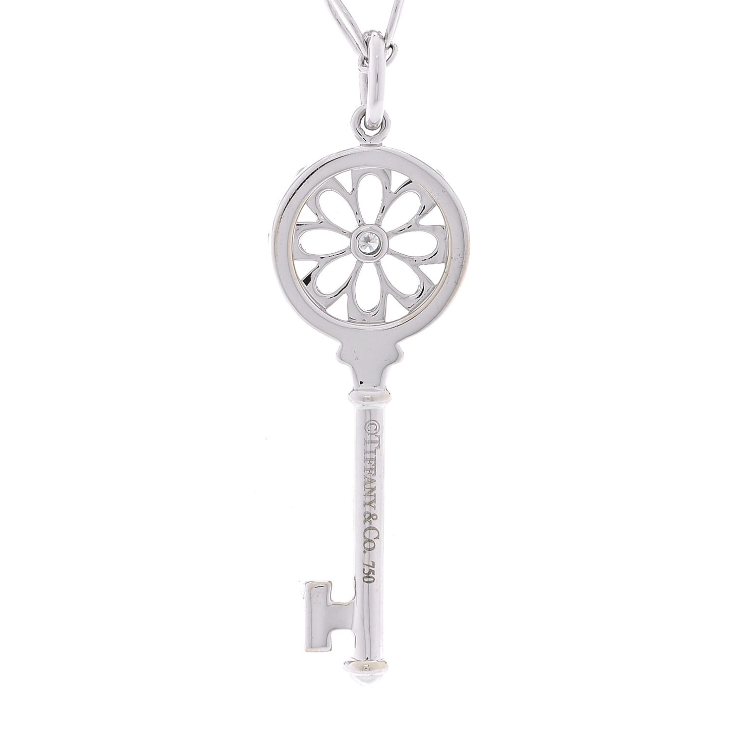 18K White Gold Diamond Floral Key Pendant Necklace