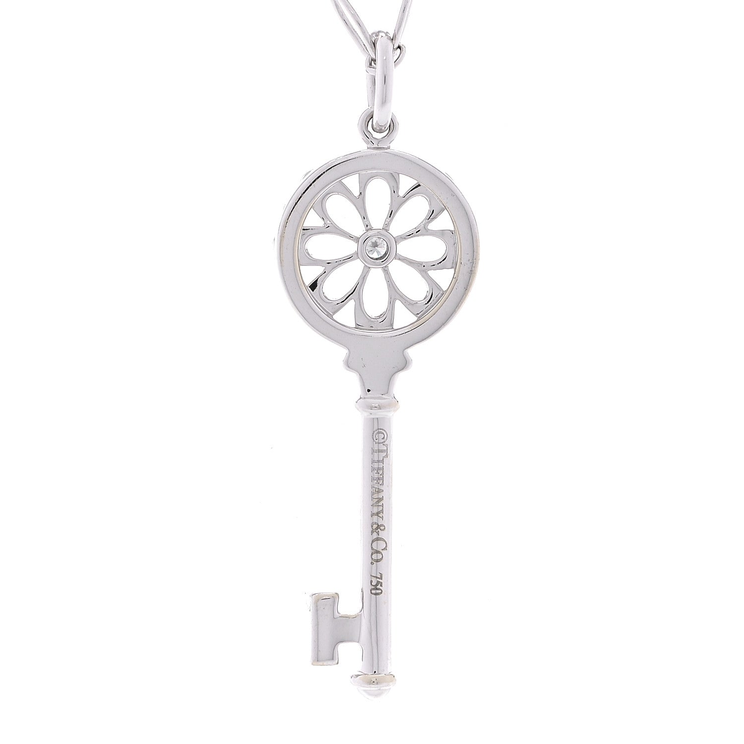 Tiffany 18K White Gold Diamond Floral Key Pendant Necklace 3 of 7