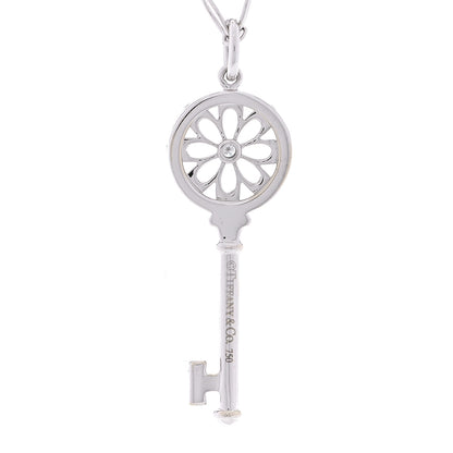 Tiffany 18K White Gold Diamond Floral Key Pendant Necklace 3 of 7