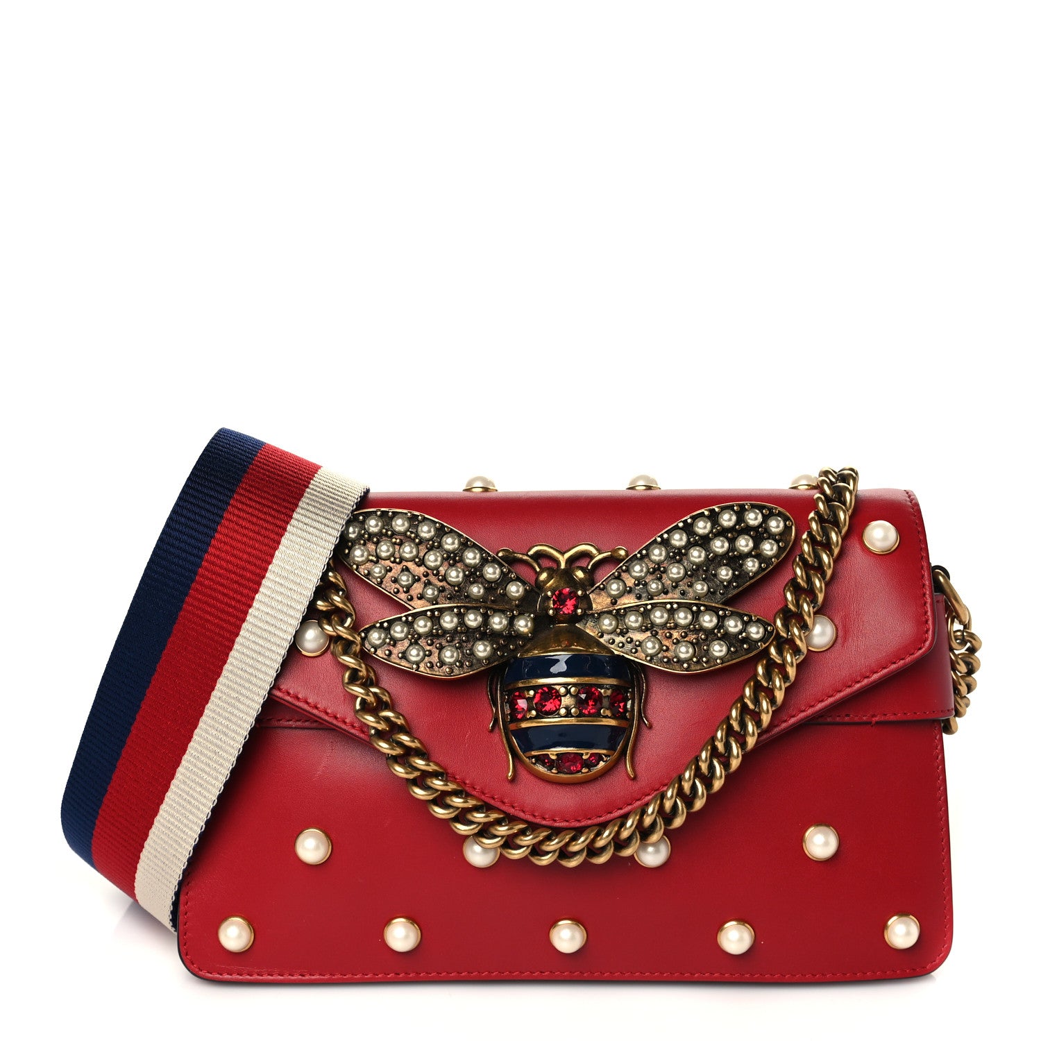 Gucci Nappa Pearl Studded Mini Queen Margaret Broadway Shoulder Bag Hibiscus Red 1 of 11
