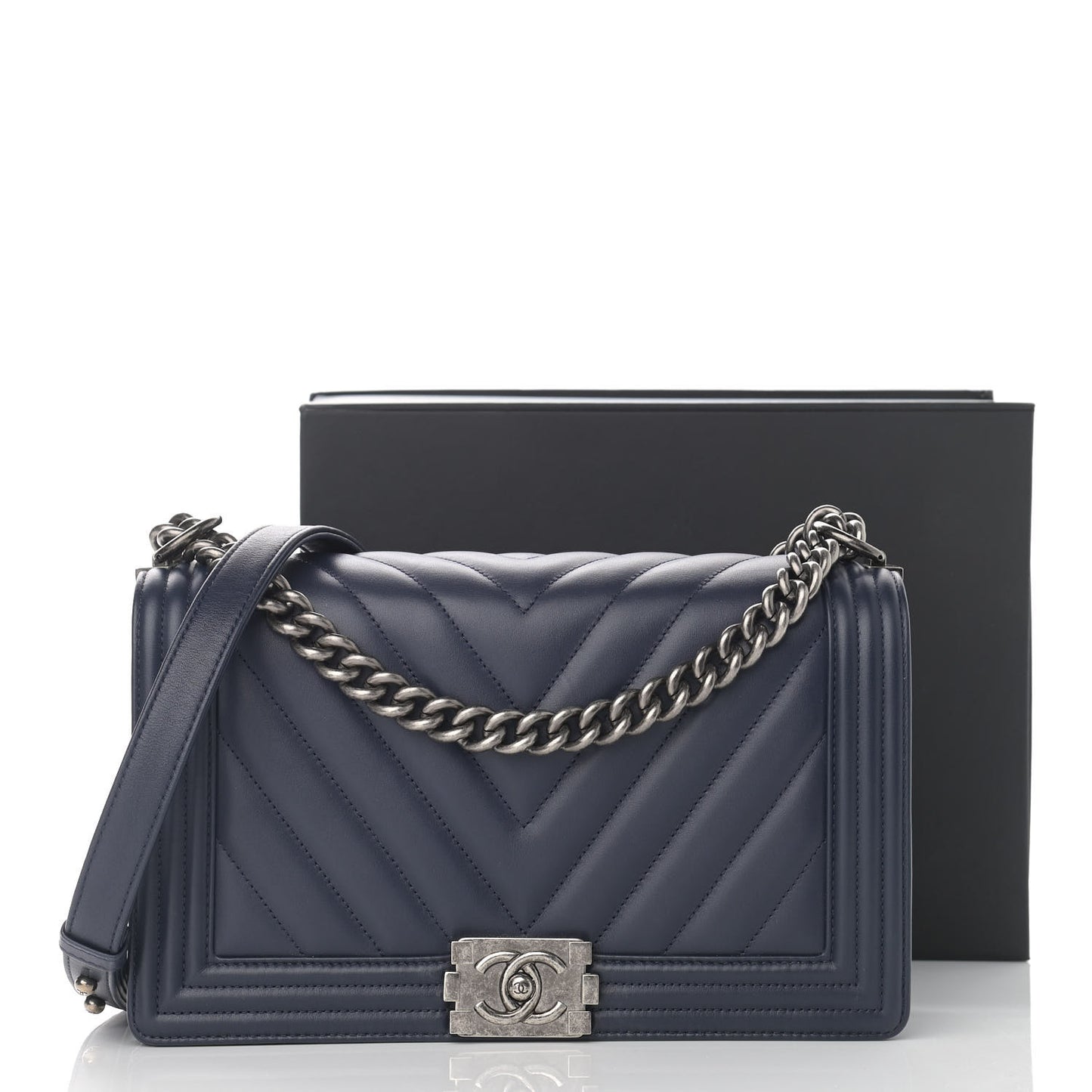 Calfskin Chevron Quilted New Medium Boy Flap Dark Navy Blue