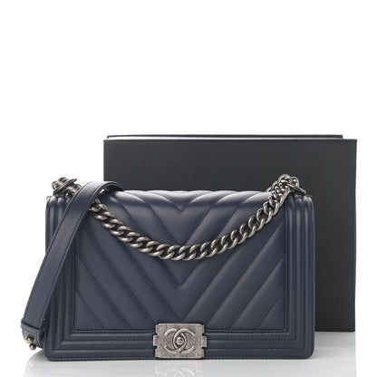 Chanel Calfskin Chevron Quilted New Medium Boy Flap Dark Navy Blue 12 of 12