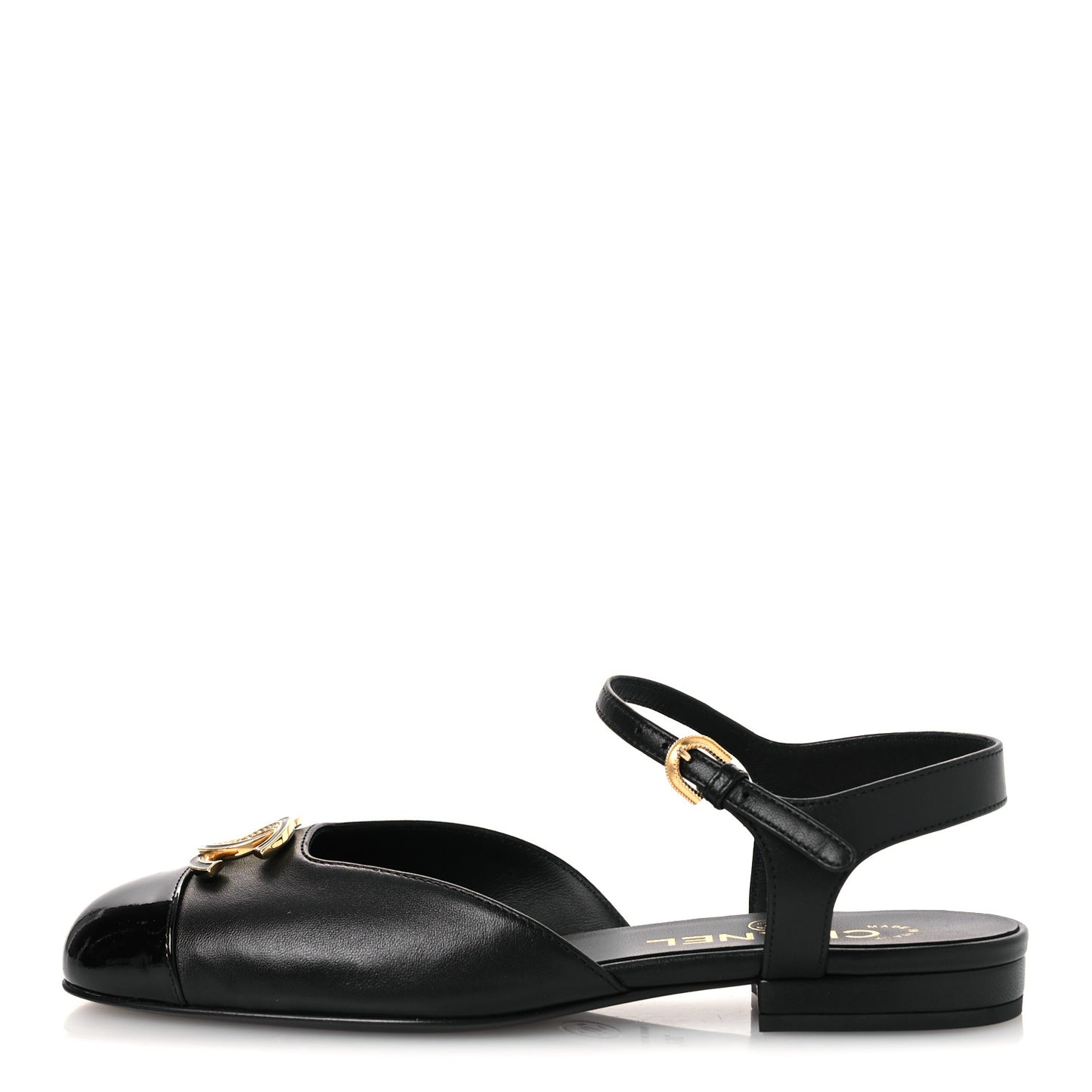 Lambskin Patent Cap Toe Crystal Enamel CC Mary Jane Slingback Flats 36 Black