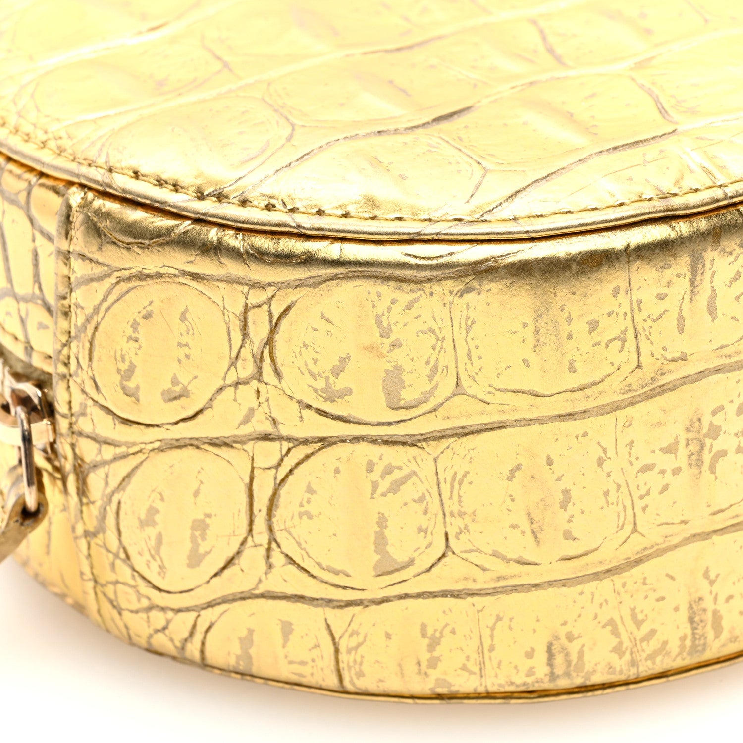 Chanel Metallic Calfskin Crocodile Embossed Cocodile Round Clutch with Chain Gold 9 of 10
