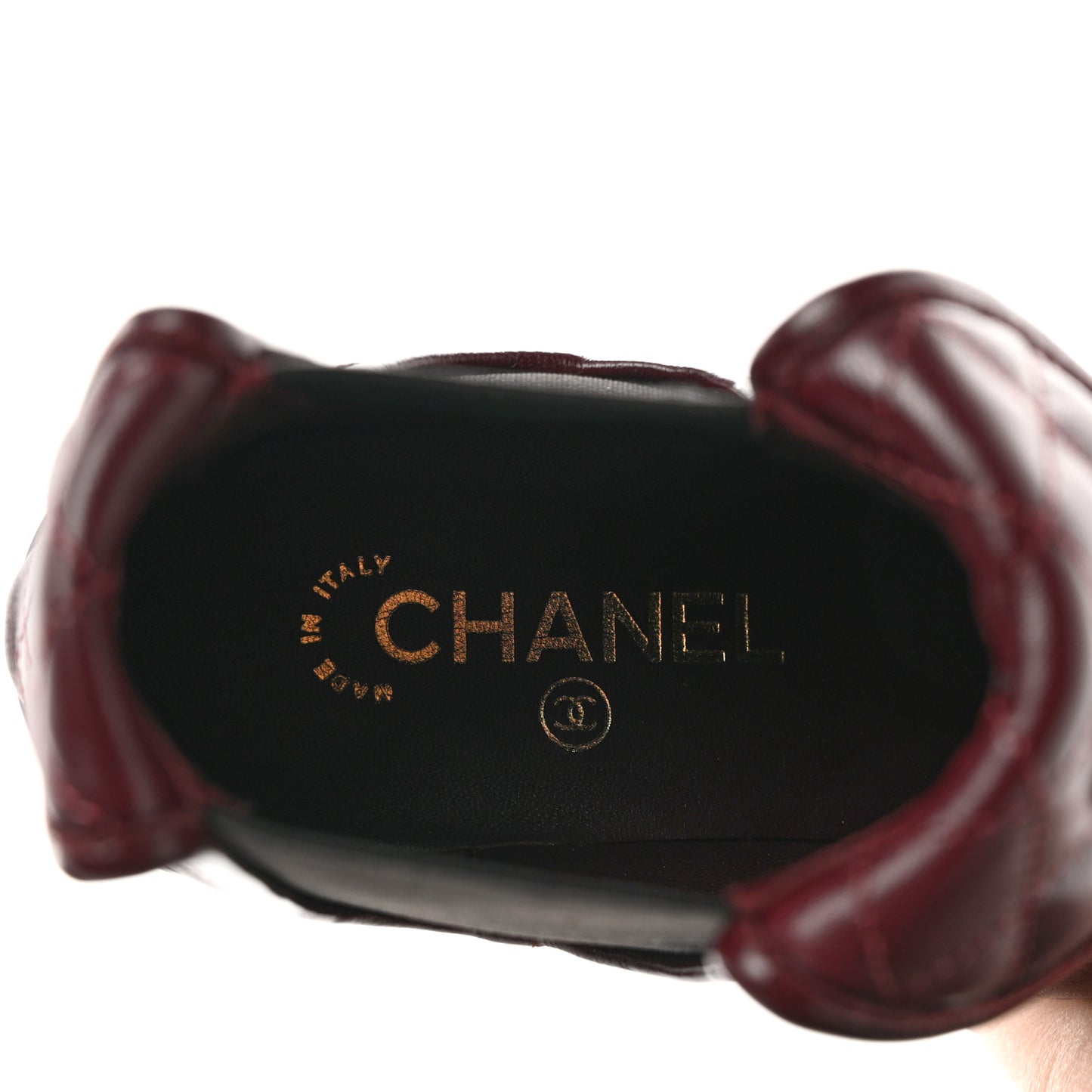 Lambskin Quilted Cap Toe CC Turnlock Booties 38 Burgundy Black