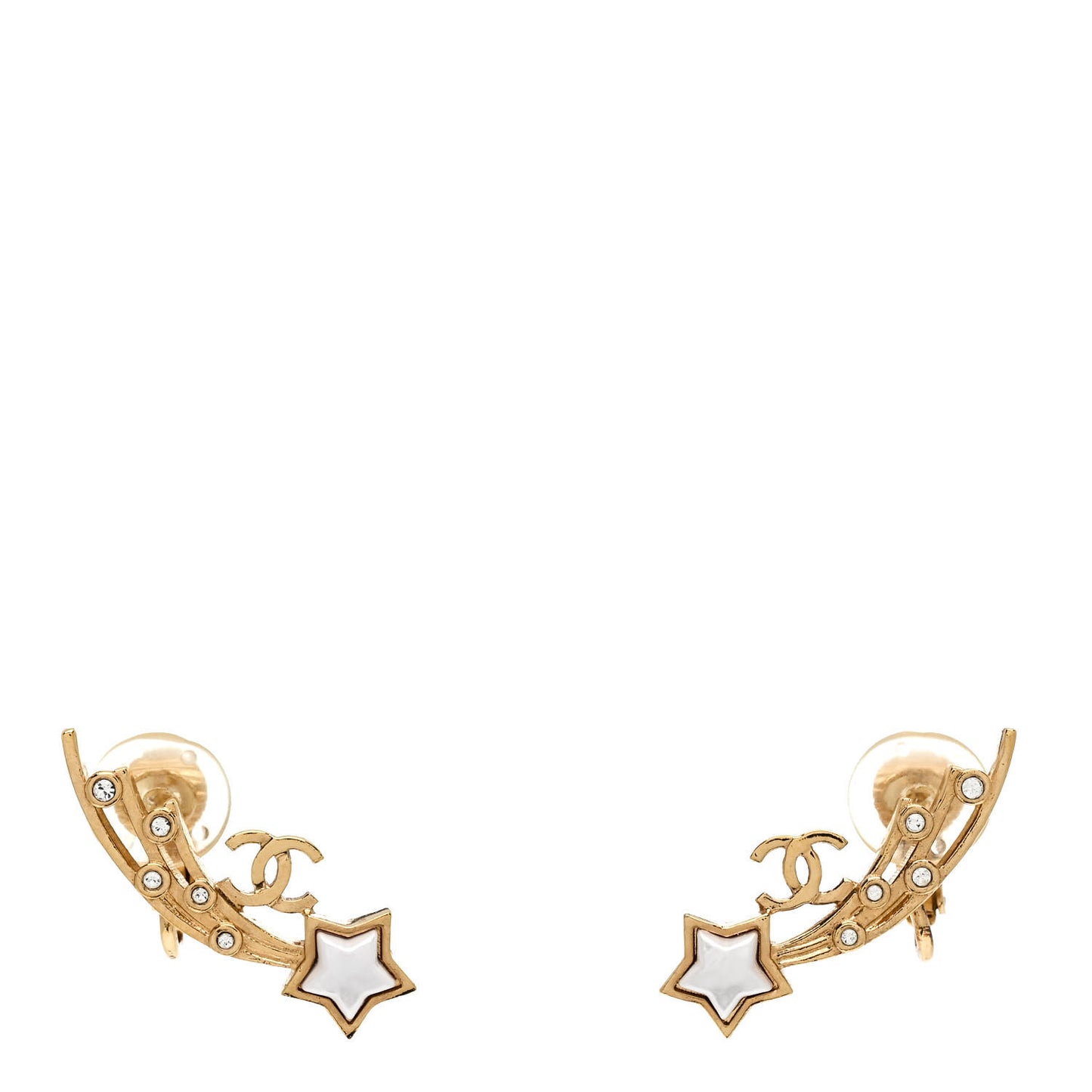 Metal Crystal Pearl CC Star Fall Earrings Gold Pearly White