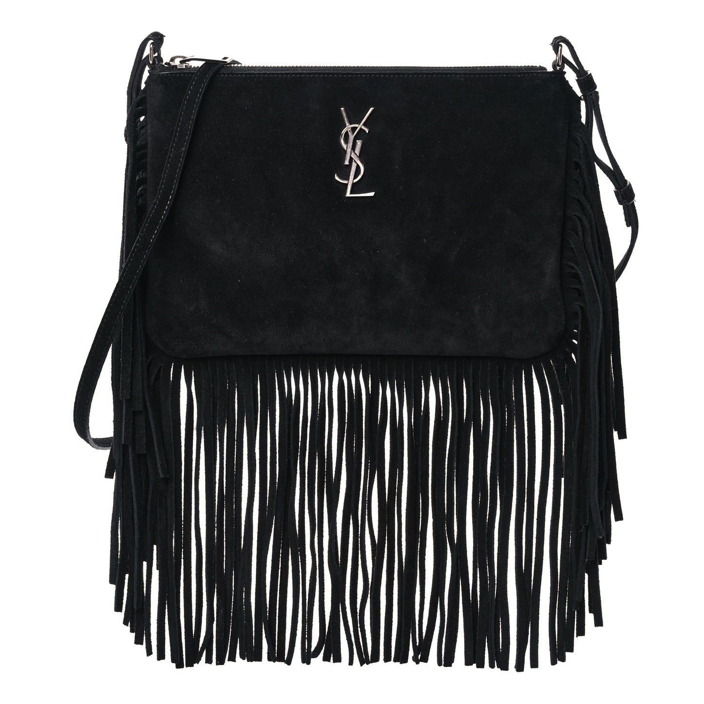 Suede Calfskin Small Fringe Crossbody Bag Black