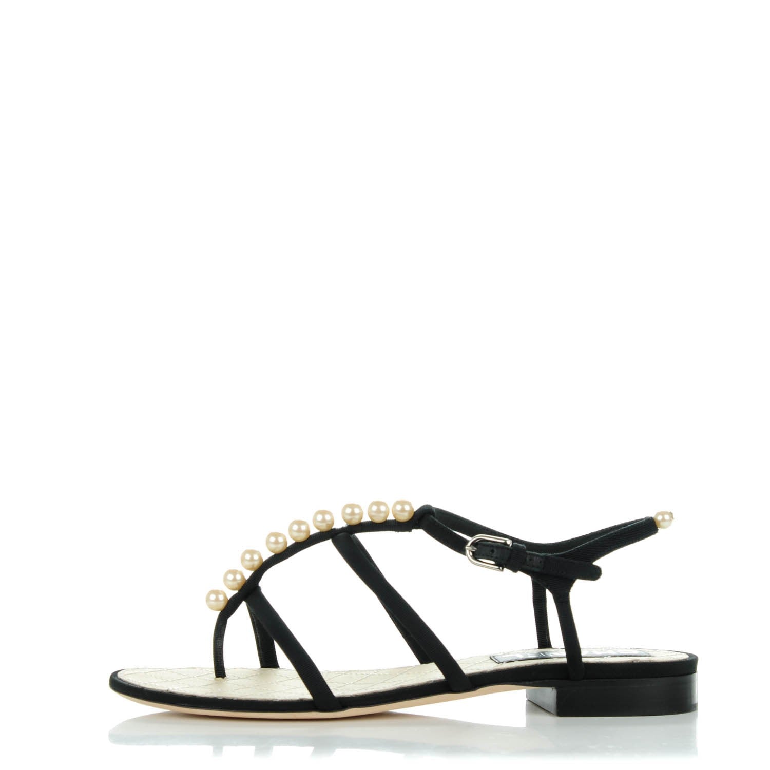 Chanel Grosgrain Pearl Sandals 37.5 Black 1 of 13