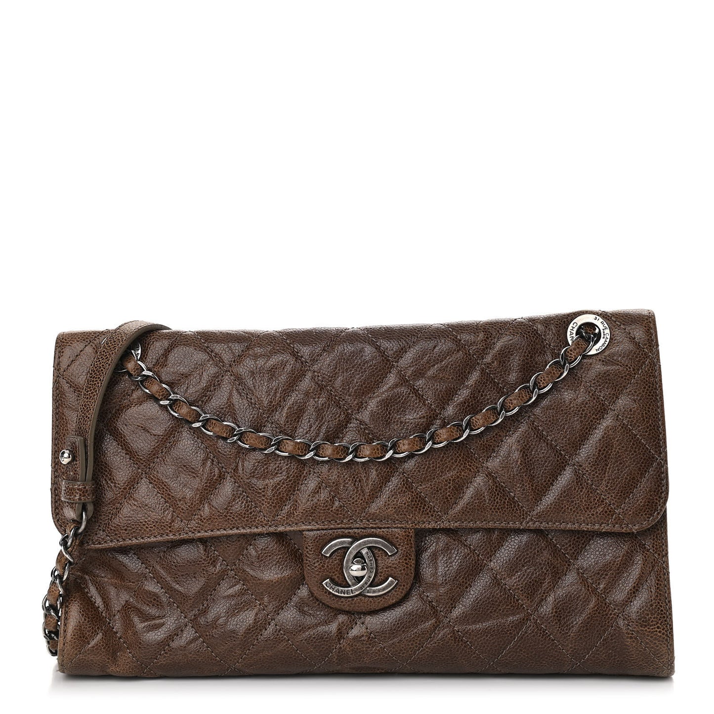 Crumpled Grained Calfskin Jumbo CC Crave Flap Brown