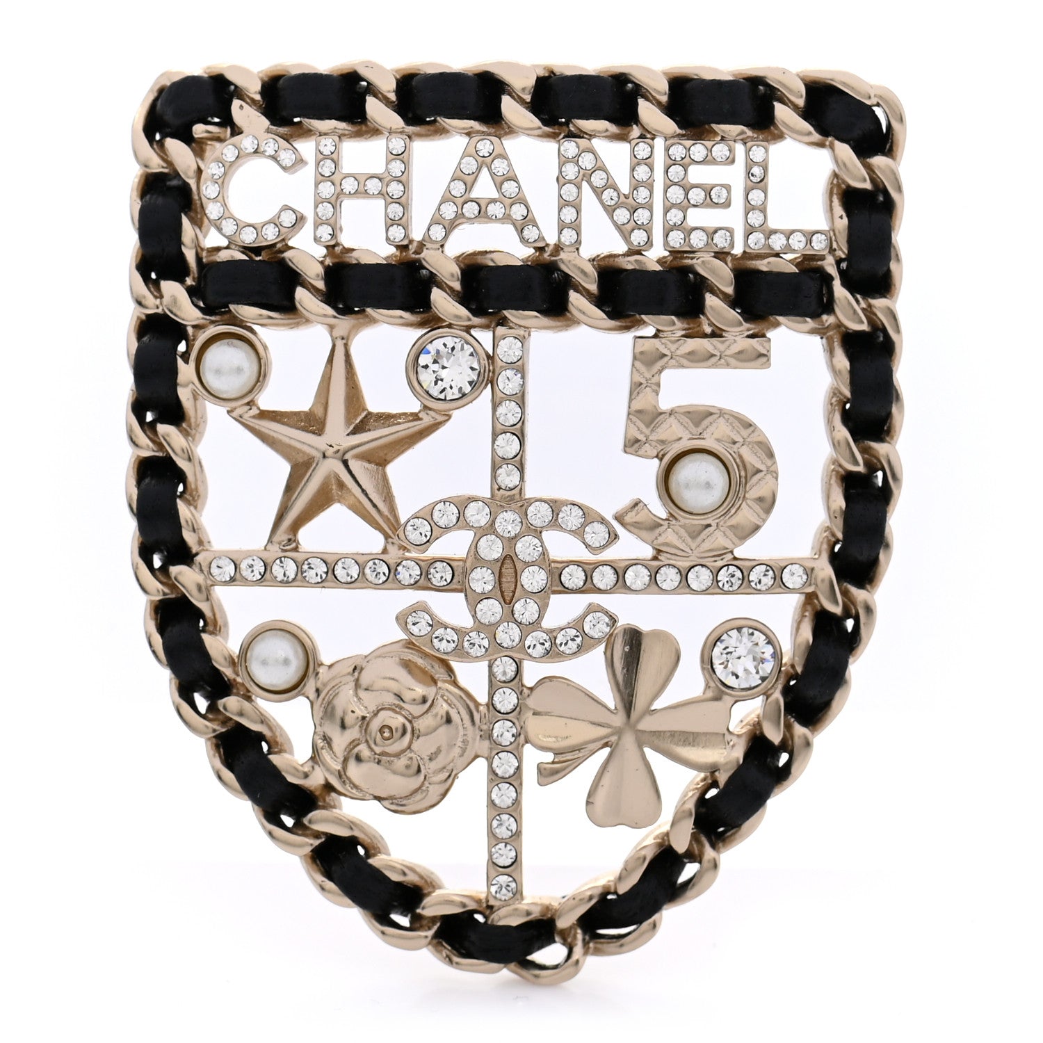 Chanel Lambskin Pearl Strass Sergeant Chanel Shield Brooch Gold 1 of 4