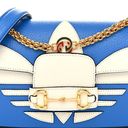 Gucci X ADIDAS Textured Dollar Calfskin Web Small Trefoil Horsebit 1955 Shoulder Bag Blue Off White 7 of 9