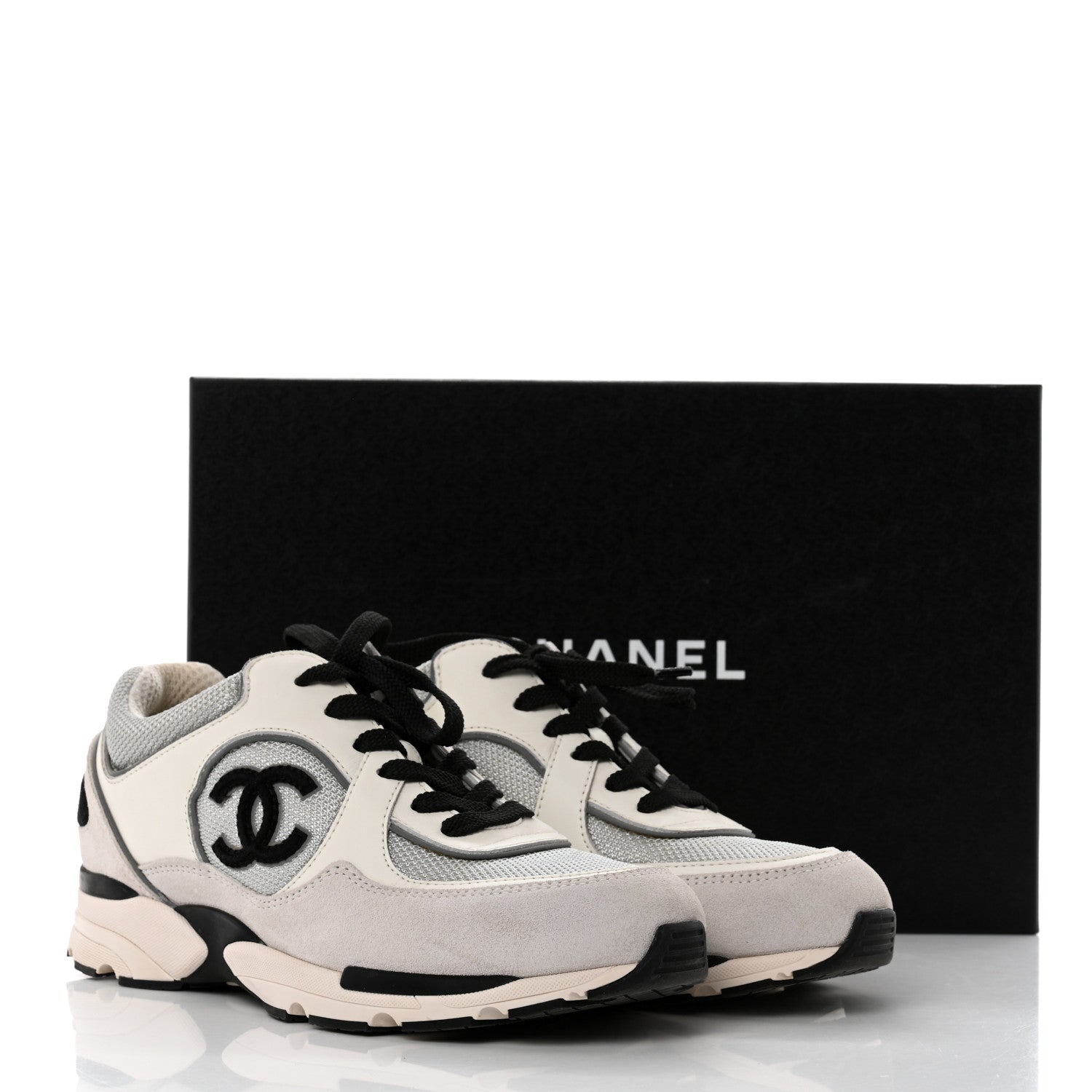 Chanel Nylon Calfskin Suede Womens CC Sneakers 37.5 Grey White 9 of 9