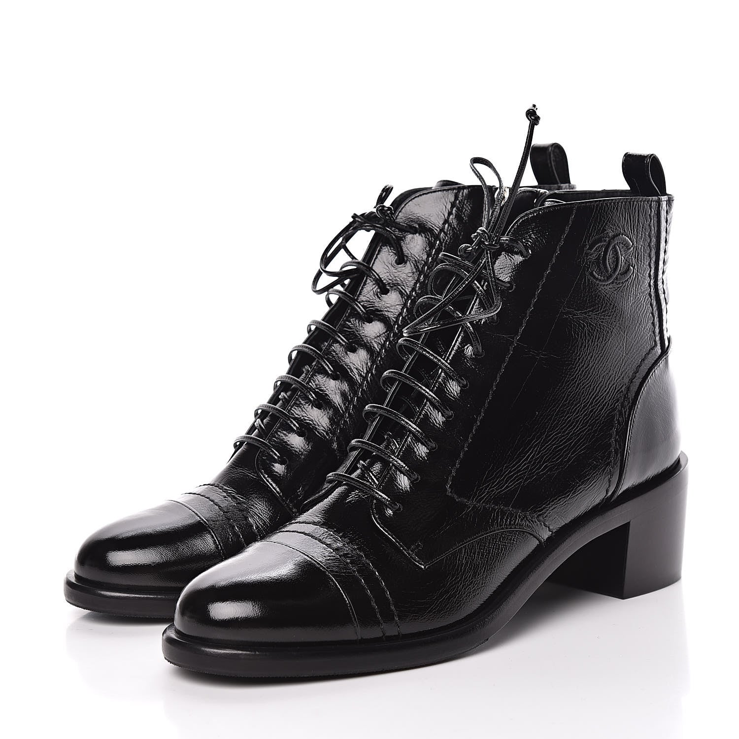 Chanel Shiny Lambskin Lace Up Combat Short Boots 39.5 Black 3 of 9