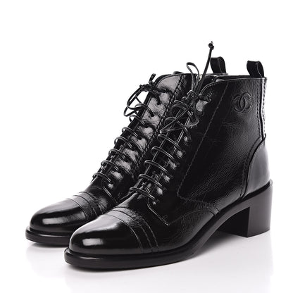 Chanel Shiny Lambskin Lace Up Combat Short Boots 39.5 Black 3 of 9