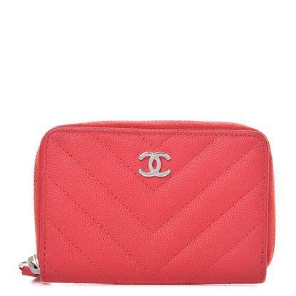 Chanel Caviar Chevron Quilted Zip Coin Purse Light Red 1 of 8