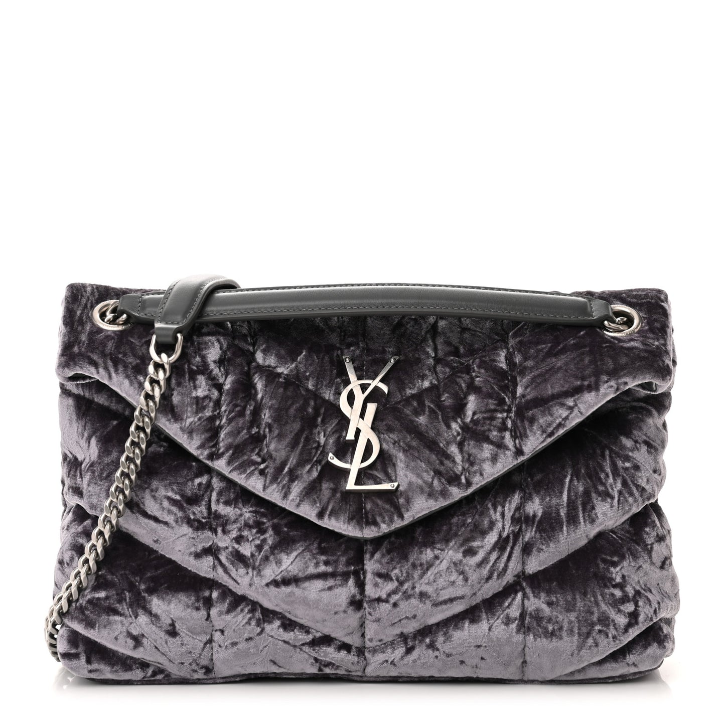 Crushed Velvet Quilted Small Loulou Puffer Monogram Chain Satchel Cloud Grey