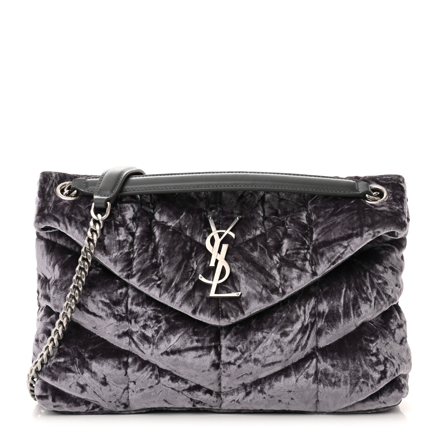 Saint Laurent Crushed Velvet Quilted Small Loulou Puffer Monogram Chain Satchel Cloud Grey 1 of 11