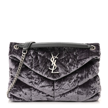 Saint Laurent Crushed Velvet Quilted Small Loulou Puffer Monogram Chain Satchel Cloud Grey 1 of 11