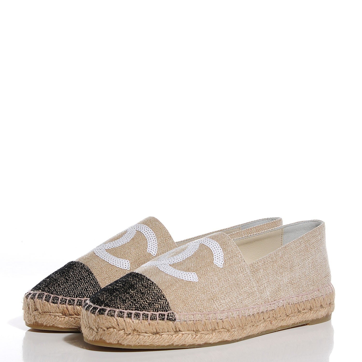 Chanel Toile Sequin CC Espadrilles Beige 39 Black Beige 3 of 7