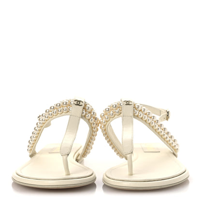 Chanel Lambskin Pearl Mini CC Thong Sandals 38 White 3 of 11
