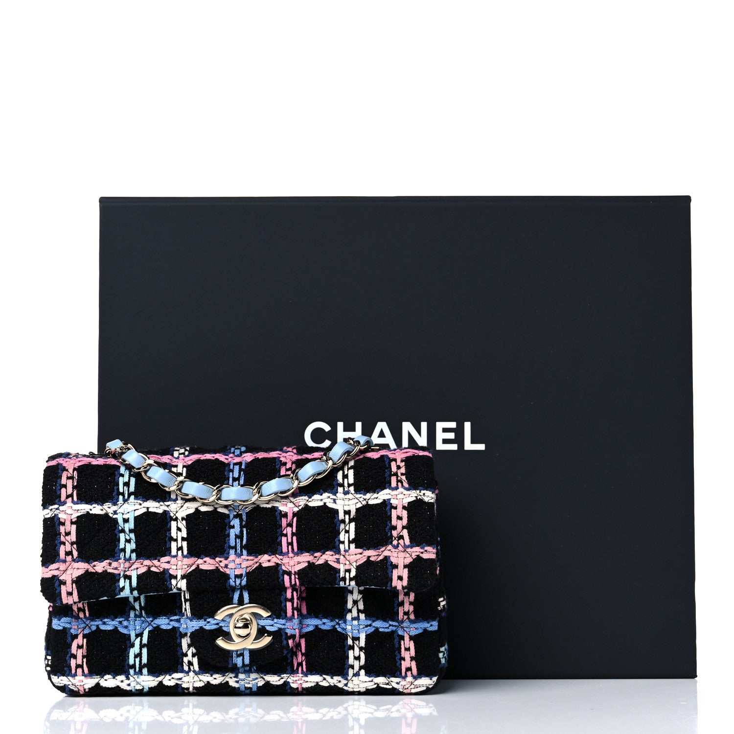 Chanel Tweed Quilted Mini Rectangular Flap Black Pink Blue Ecru 10 of 10