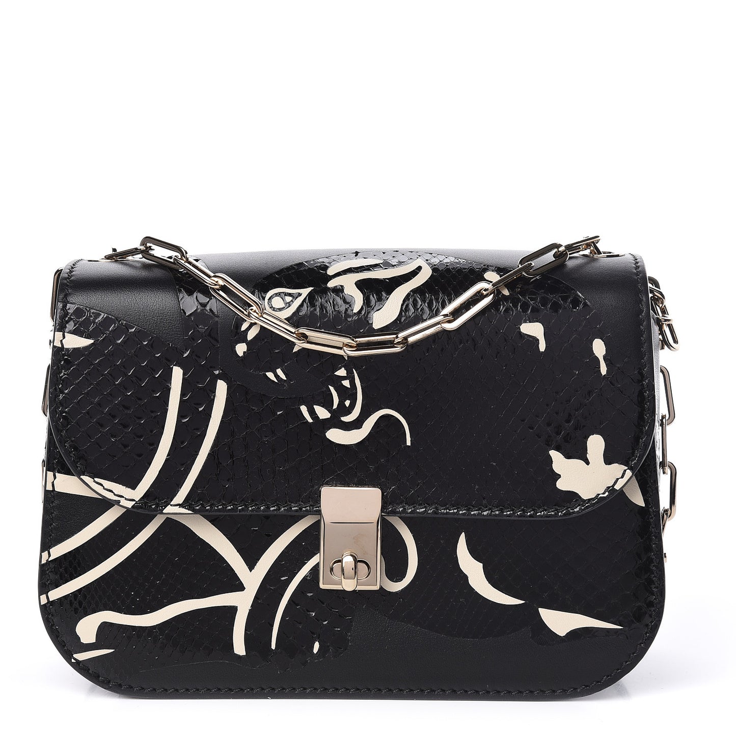 Calfskin Snakeskin Panther Chain Flap Bag Black
