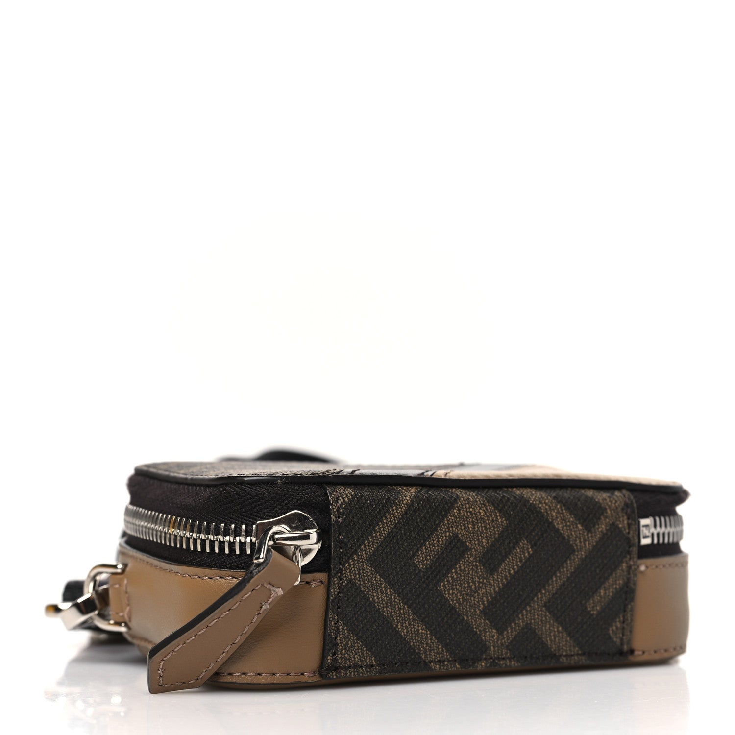 Fendi Glazed Fabric Vitello Cover FF 1974 Diagonal Bi-Color Mini Camera Case Tobacco Moro Sand Black 4 of 10