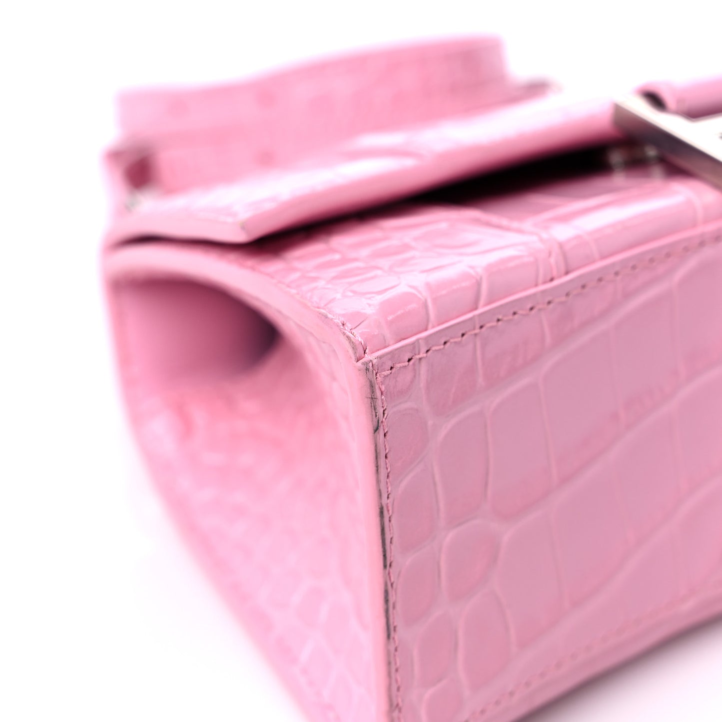 Shiny Calfskin Crocodile Embossed Hourglass Top Handle Bag XS Candy Pink