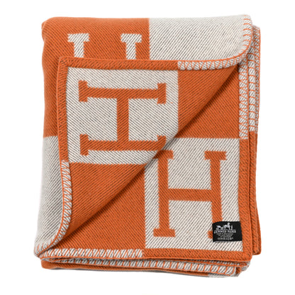 Hermes Wool Cashmere Signature Classic Avalon Blanket Ecru Potiron 2 of 3