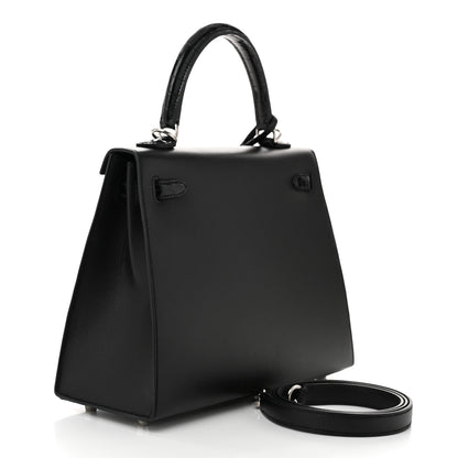 Hermes Madame Calfskin Shiny Niloticus Crocodile Kelly Sellier Touch 25 Black 3 of 11