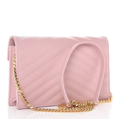 Saint Laurent Grain De Poudre Matelasse Chevron Monogram Envelope Chain Wallet Tender Pink 3 of 11