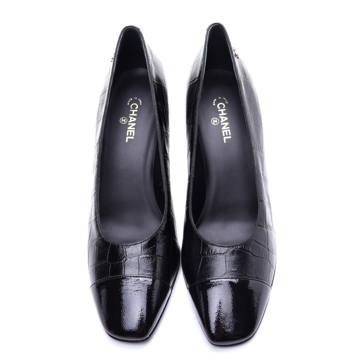 Crocodile Embossed Crumpled Patent Cap Toe Pumps 39.5 Black