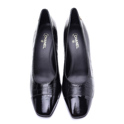 Chanel Crocodile Embossed Crumpled Patent Cap Toe Pumps 39.5 Black 9 of 13