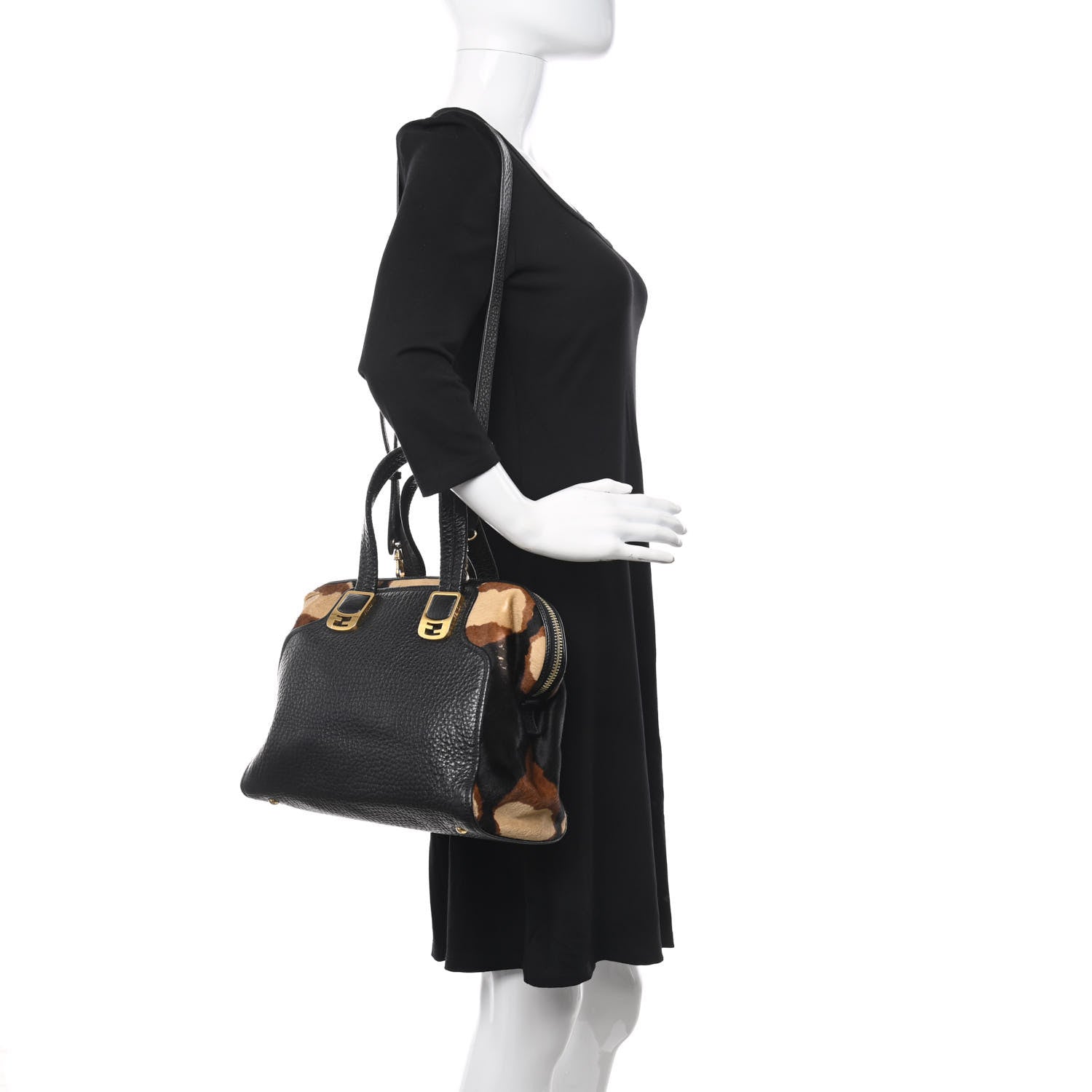 Fendi Pebbled Calfskin Calf Hair Small Chameleon Tote Black Tobacco 2 of 14