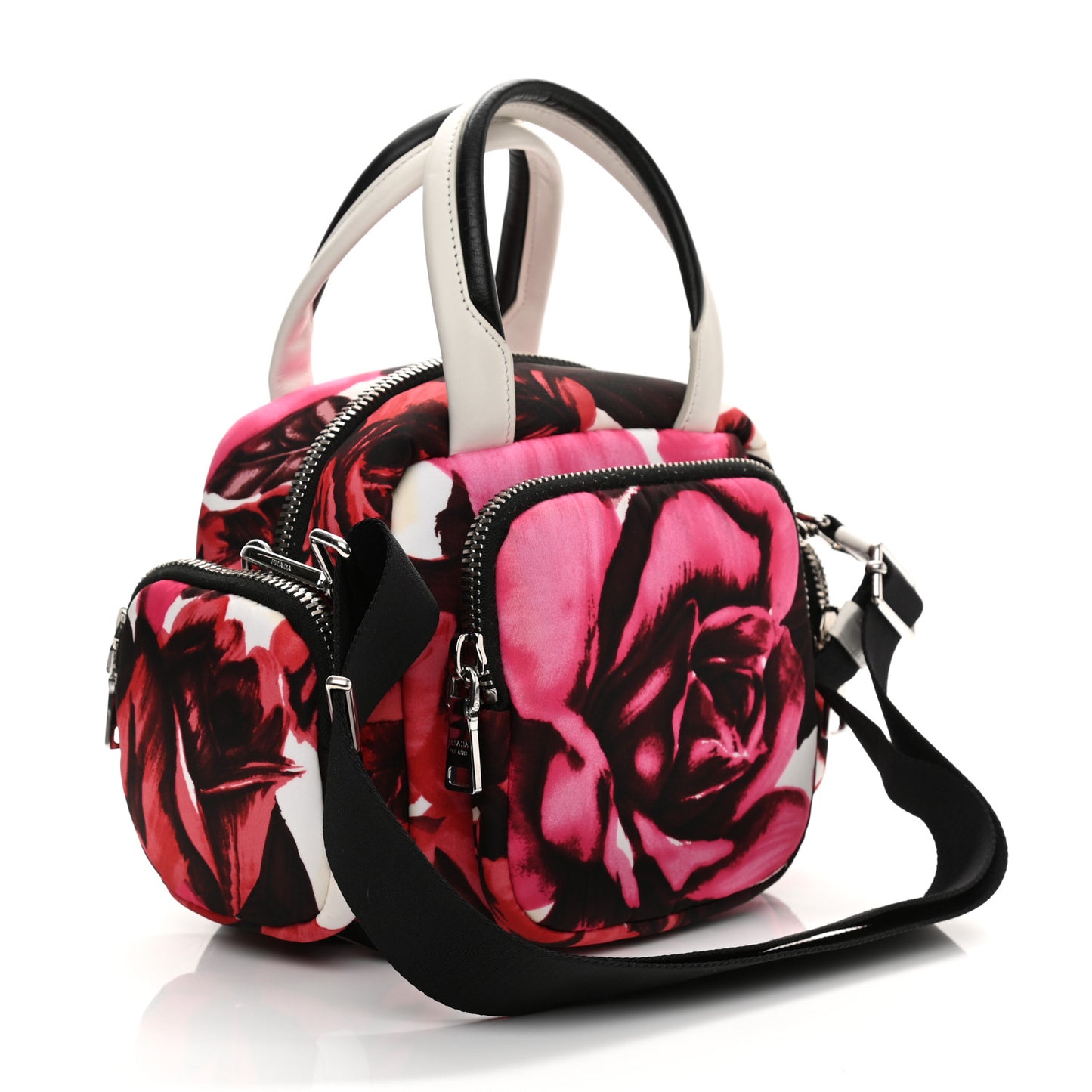 Tessuto Nylon Roses Print Pocket Top Handle Cargo Bag Pink