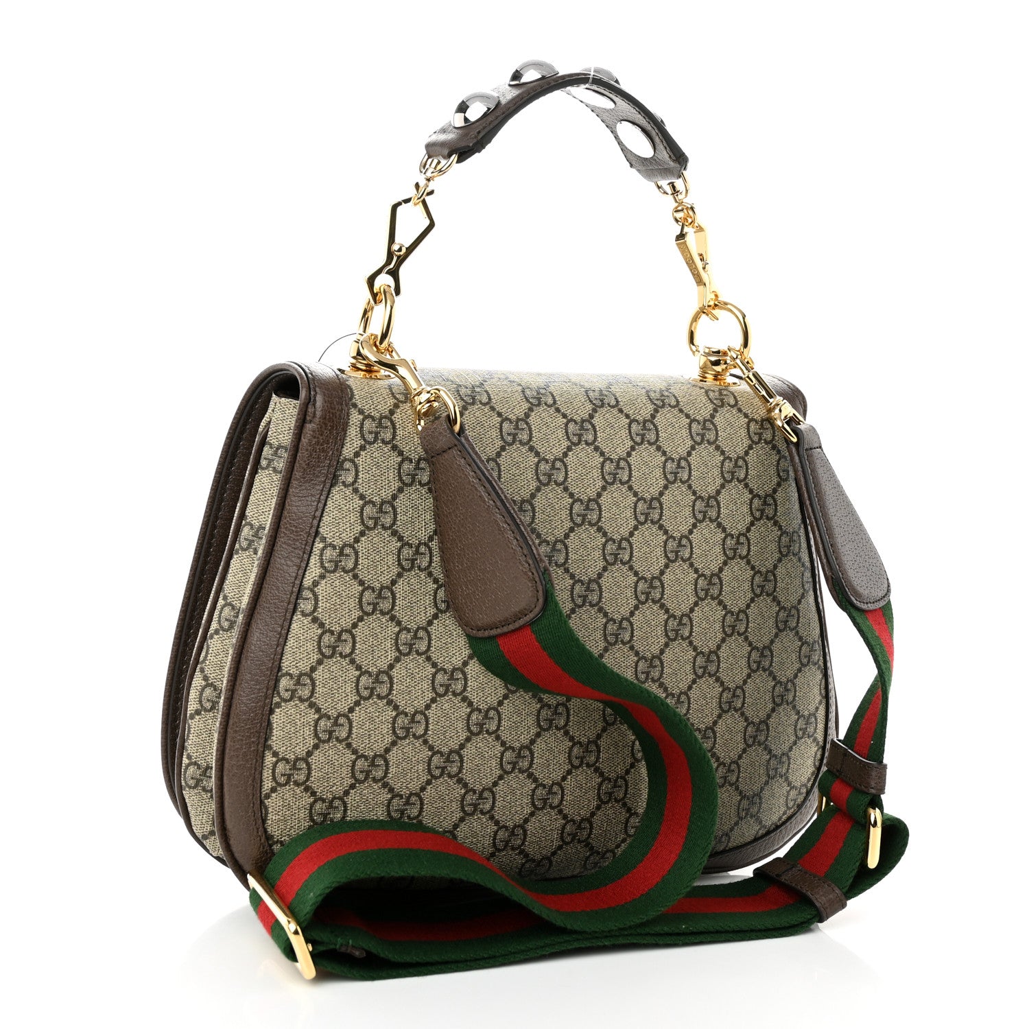 Gucci GG Supreme Monogram Textured Dollar Calfskin Web Medium Blondie Top Handle Shoulder Flap Bag Beige Ebony New Acero 3 of 11