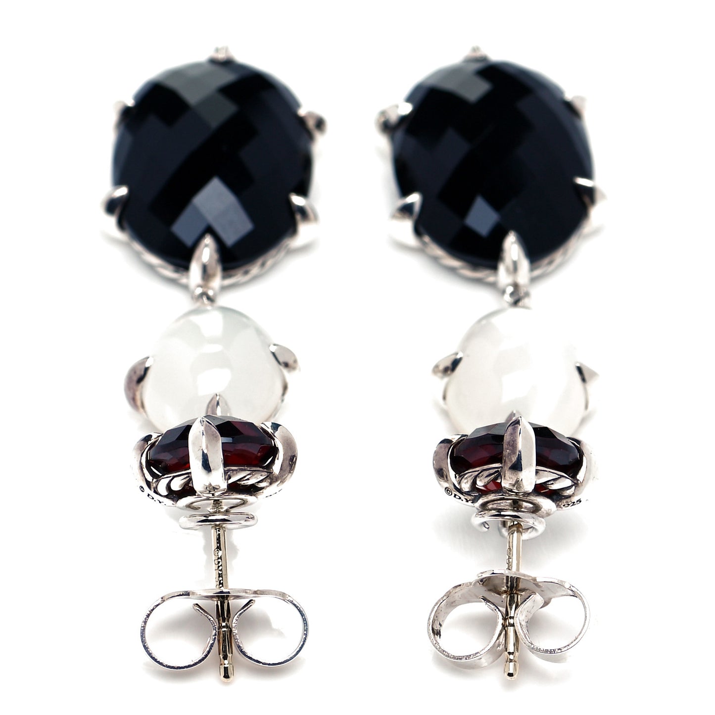 Sterling Silver Garnet Quartz Onyx Chatelaine Triple Drop Earrings