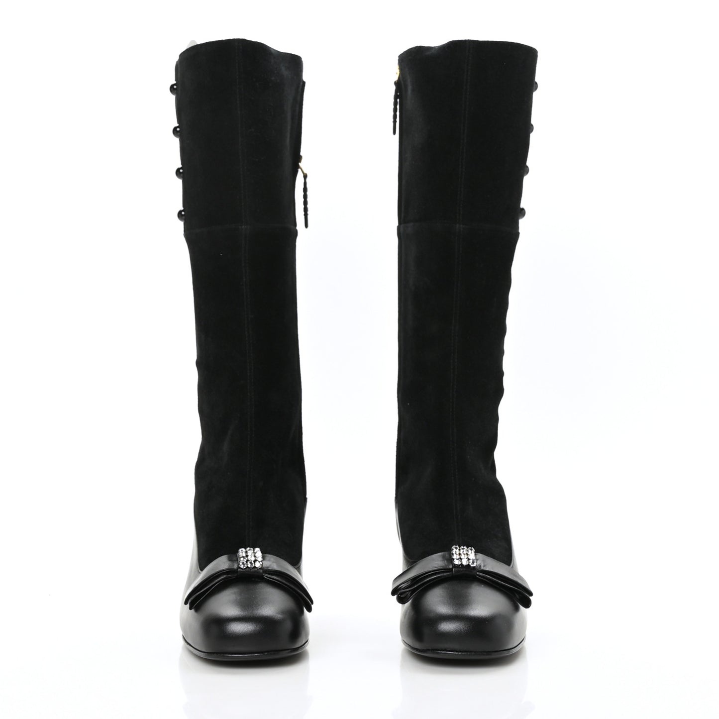 Suede Malaga Kid Knee High Bow Crystal Heel Boots 39.5 Black