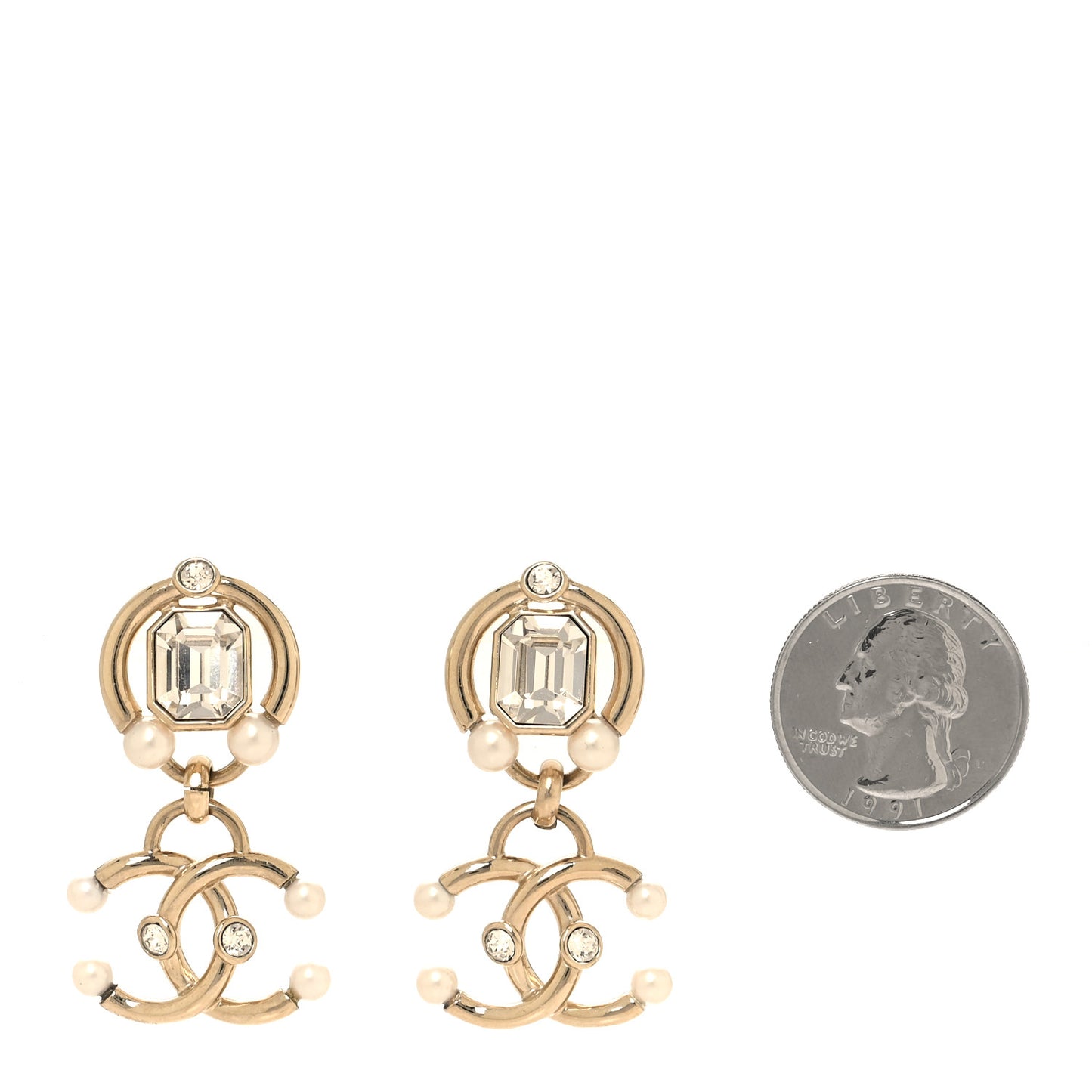 Metal Crystal Pearl CC Drop Earrings Gold
