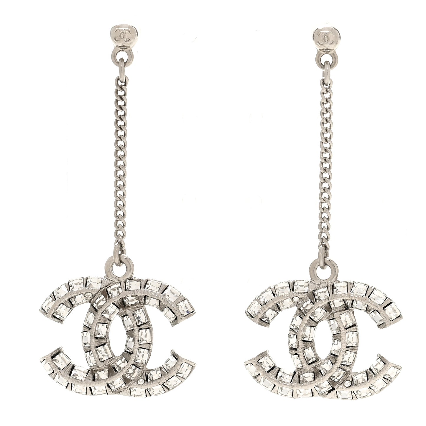 Baguette Crystal CC Drop Earrings Silver