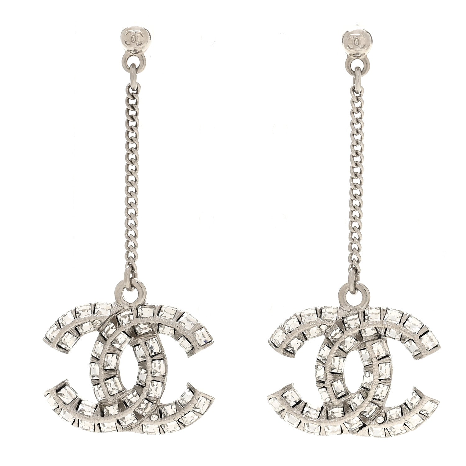 Chanel Baguette Crystal CC Drop Earrings Silver 1 of 5