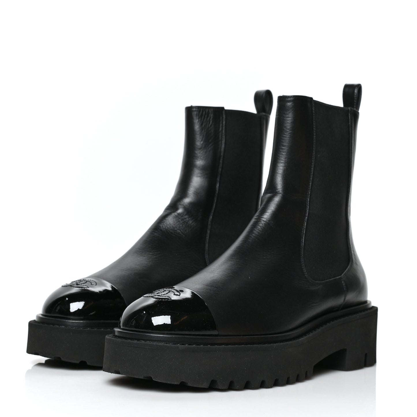 Crumpled Calfskin Patent Cap Toe Short Boots 38.5 Black