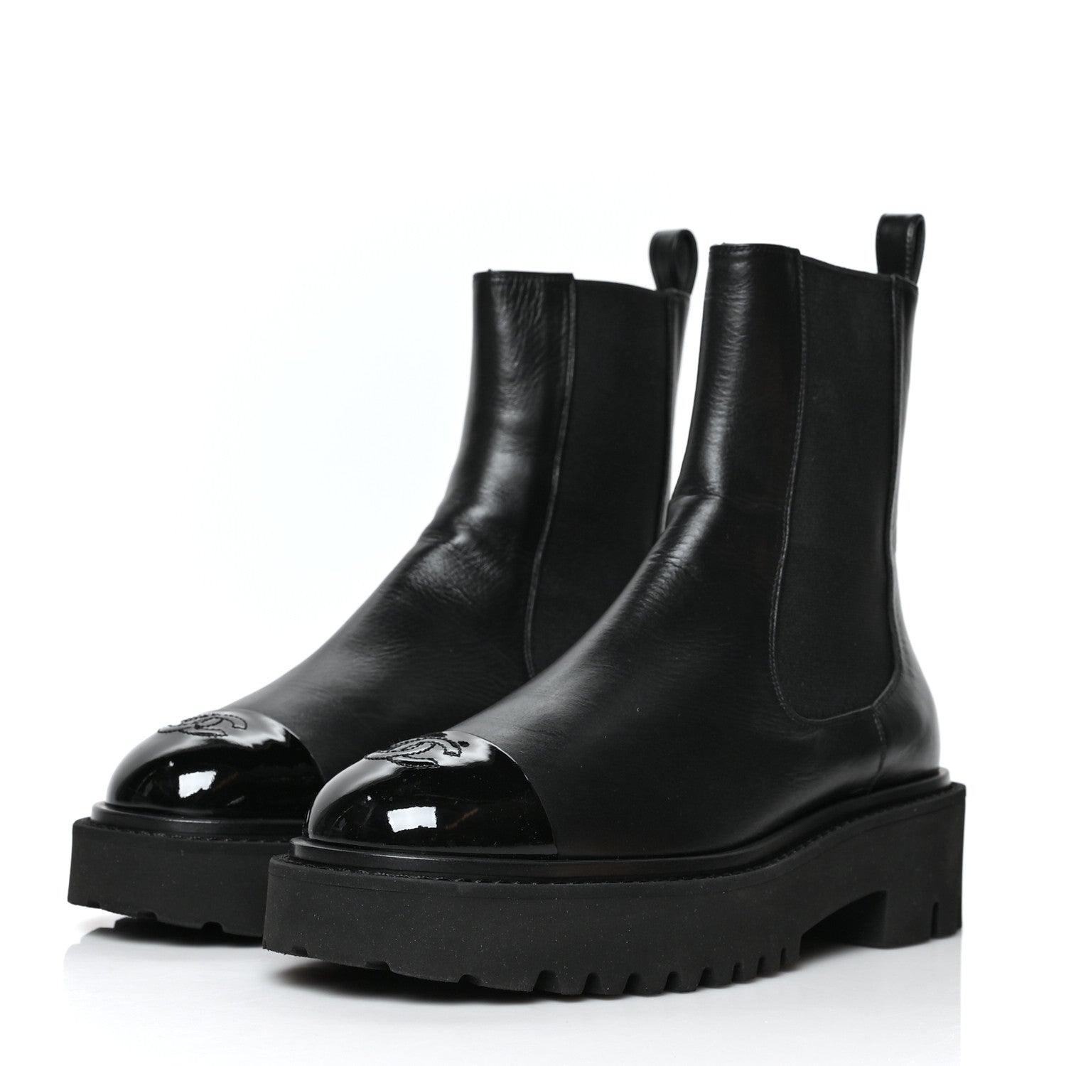 Chanel Crumpled Calfskin Patent Cap Toe Short Boots 38.5 Black 3 of 7