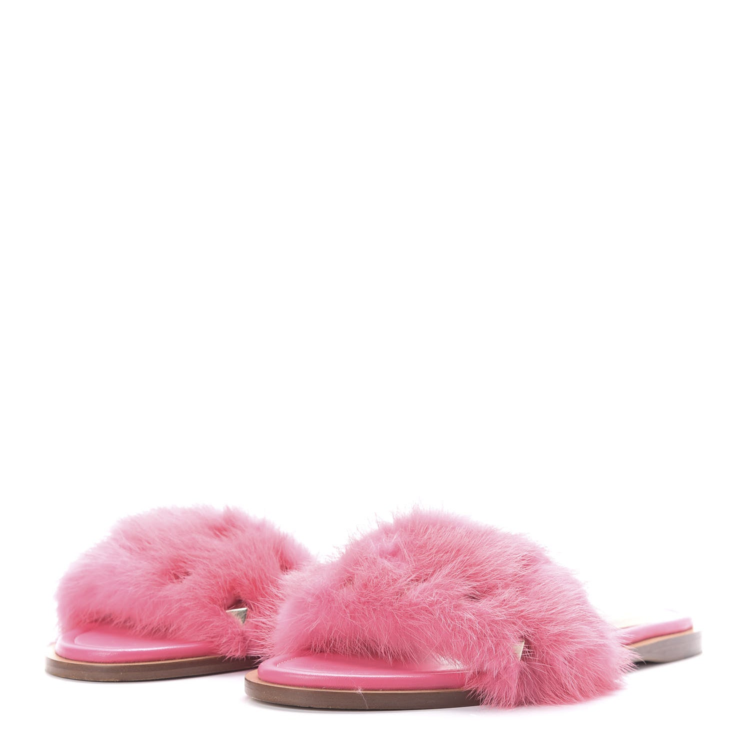 Valentino Garavani Mink Fur Rockstud Flat Slide Sandals 37 Shadow